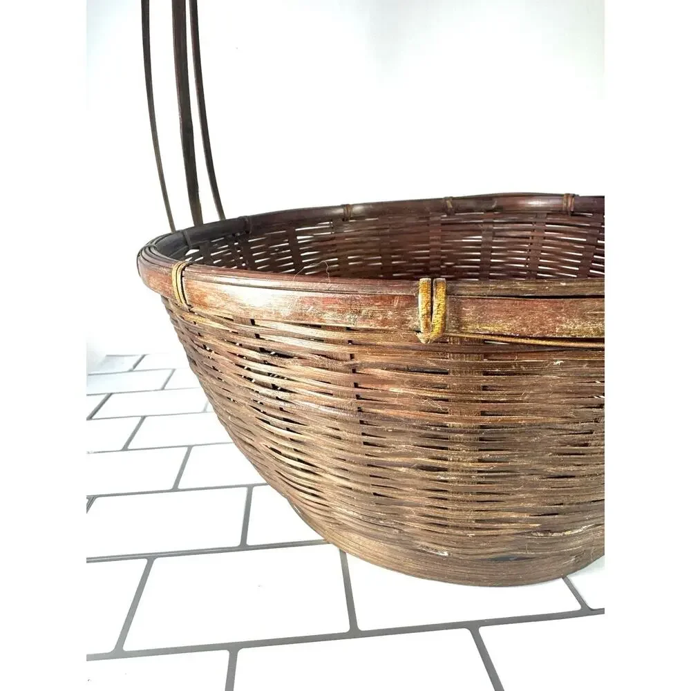 Vintage DCR Handwoven Bamboo Basket Bentwood Triple Handle Oval Wicker Basket